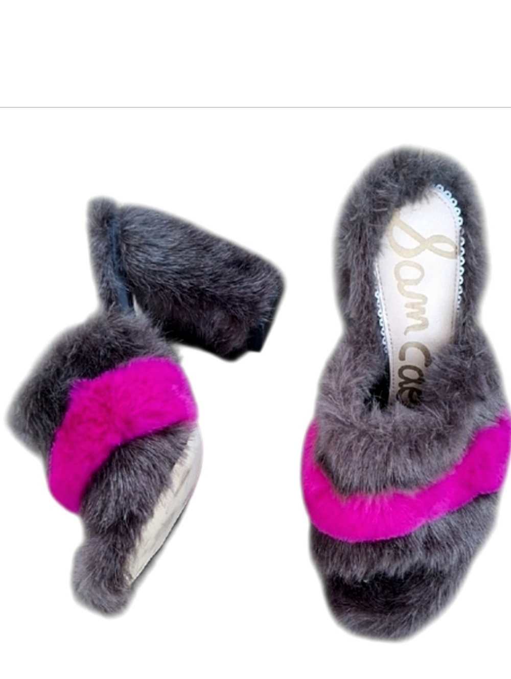 Sam Edelman Yael Faux Fur Heeled Mules Brown Pink Stripe Sz 8.5 NWOT Flaw